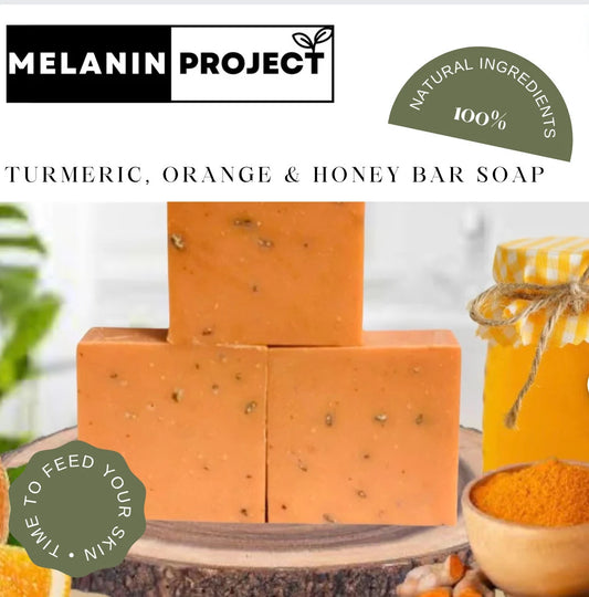 MELANIN PROJECT Organic Turmeric Soap for Skin, Dark Spots, Acne, for Men and Women. Infused with Turmeric, Orange, Honey Contain Oatmeal