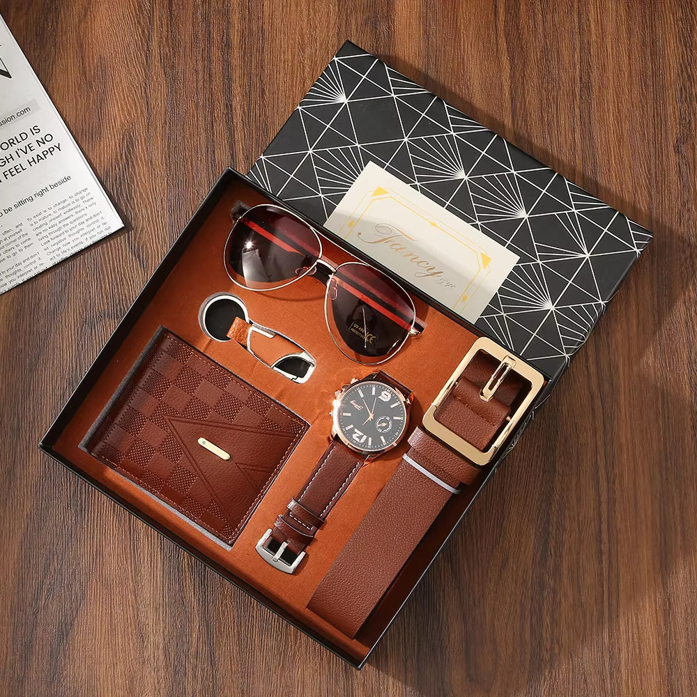 New Mens Watch Set with Gift Box 5 Pieces Key Chain Sunglasses Belt and Wallet Set for Men Gift for Him Boyfriend Dad Husband