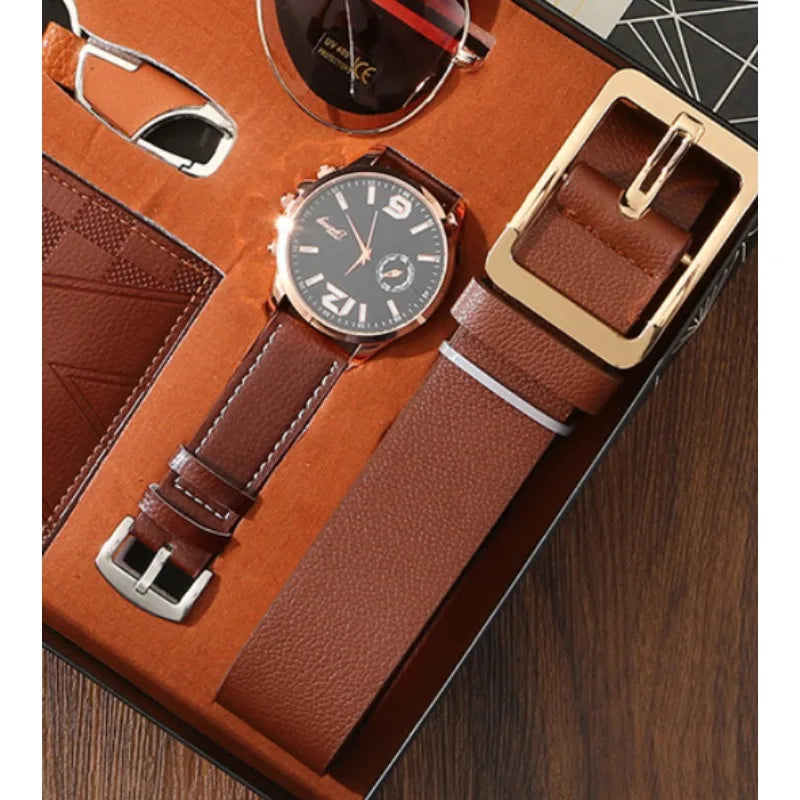 New Mens Watch Set with Gift Box 5 Pieces Key Chain Sunglasses Belt and Wallet Set for Men Gift for Him Boyfriend Dad Husband