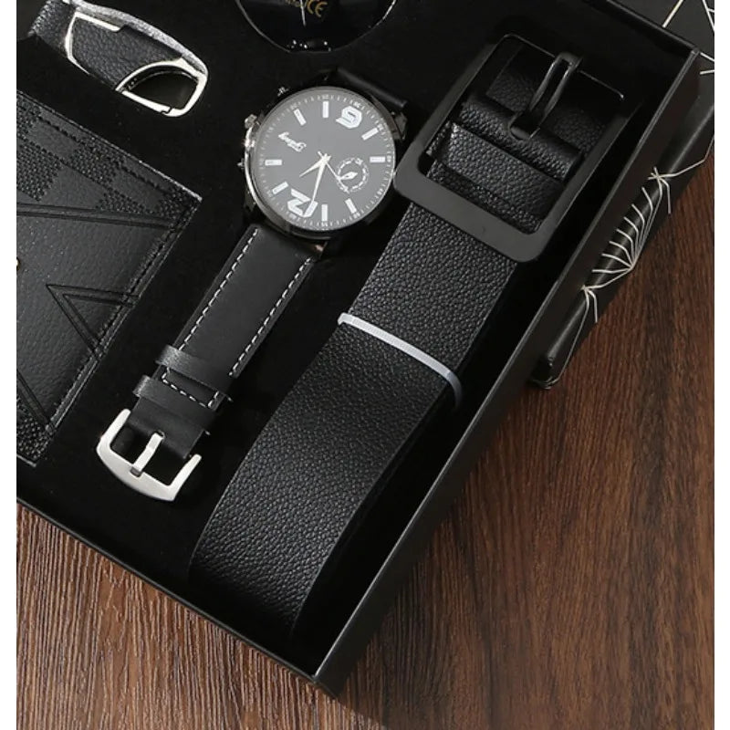 New Mens Watch Set with Gift Box 5 Pieces Key Chain Sunglasses Belt and Wallet Set for Men Gift for Him Boyfriend Dad Husband