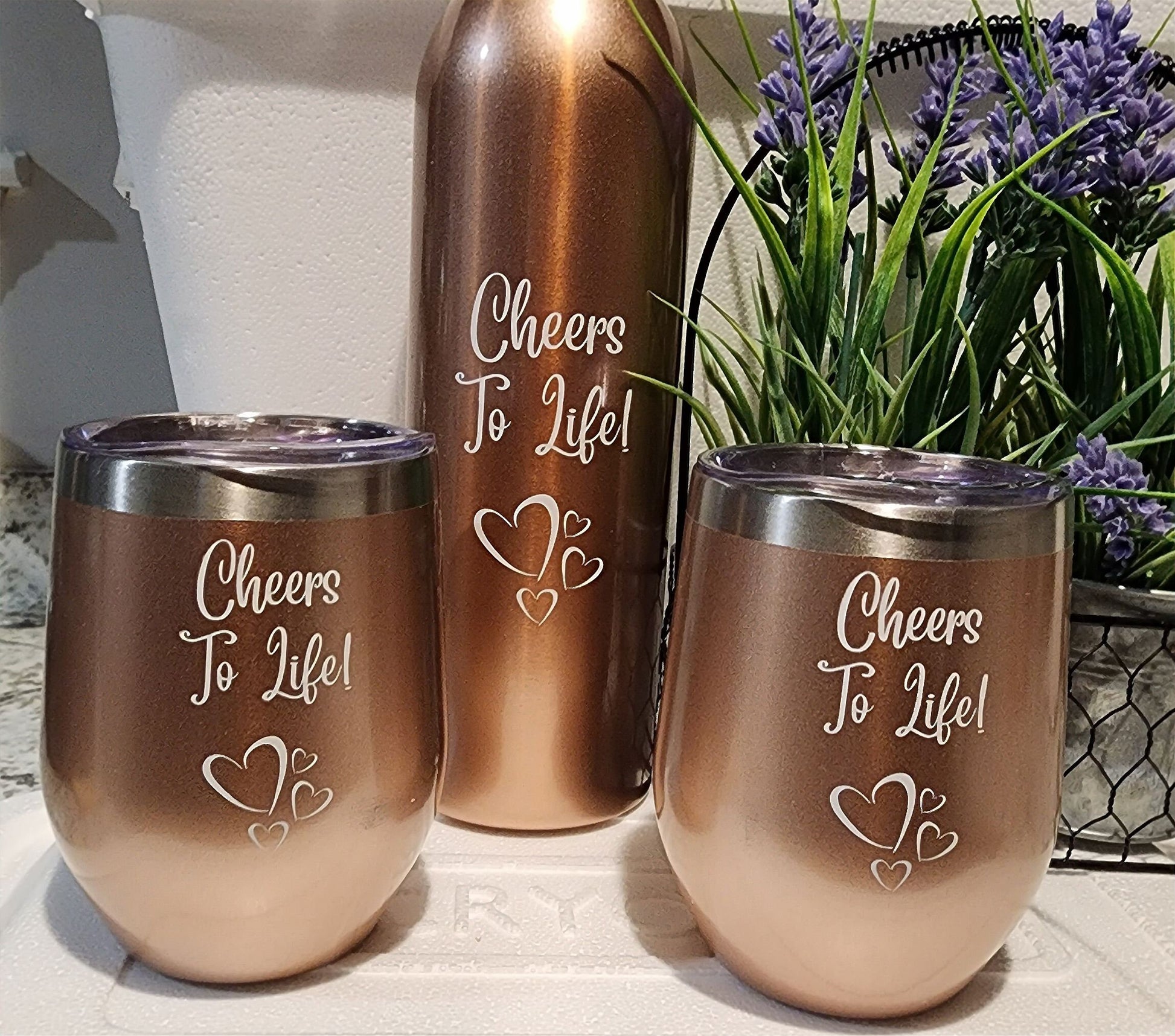 Deluxe Rose-Gold Vacuum Double Walled 750ML Insulated Wine Bottle & 2-12Oz Insulated Wine Tumblers with Lids Gift Set