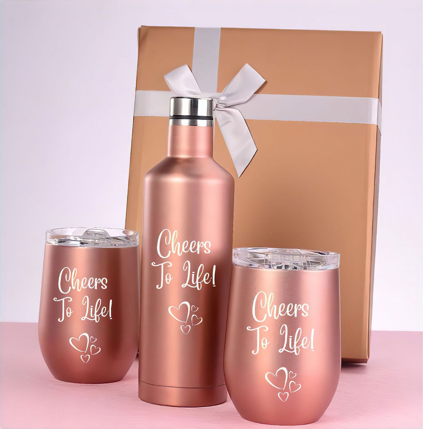 Deluxe Rose-Gold Vacuum Double Walled 750ML Insulated Wine Bottle & 2-12Oz Insulated Wine Tumblers with Lids Gift Set