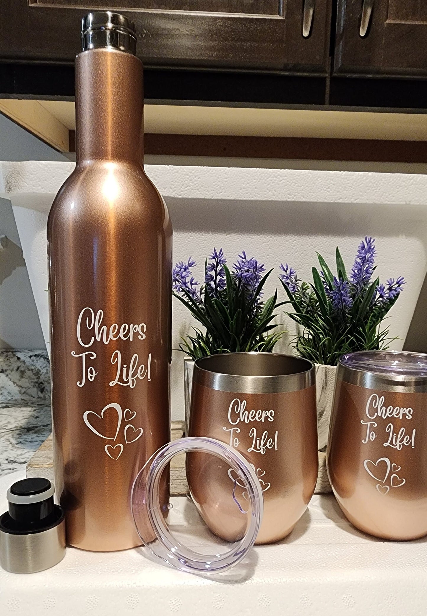 Deluxe Rose-Gold Vacuum Double Walled 750ML Insulated Wine Bottle & 2-12Oz Insulated Wine Tumblers with Lids Gift Set